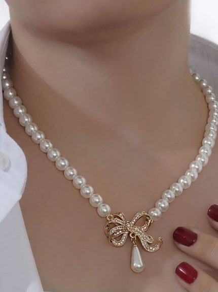 گردنبند زنانه جواهری مرواریدی پاپیون